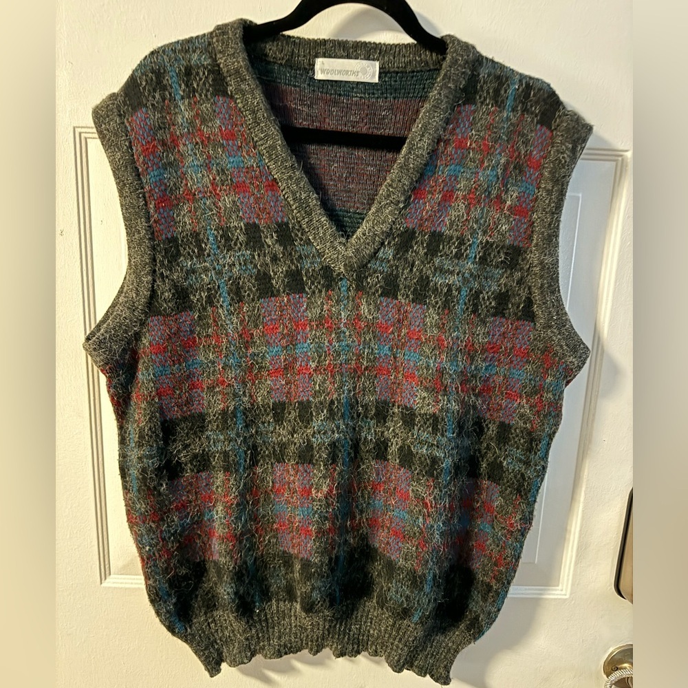 Woolworth’s 80’s V-neck Plaid Wool Sweater Vest Preppy Argyle Grandpa Large VTG